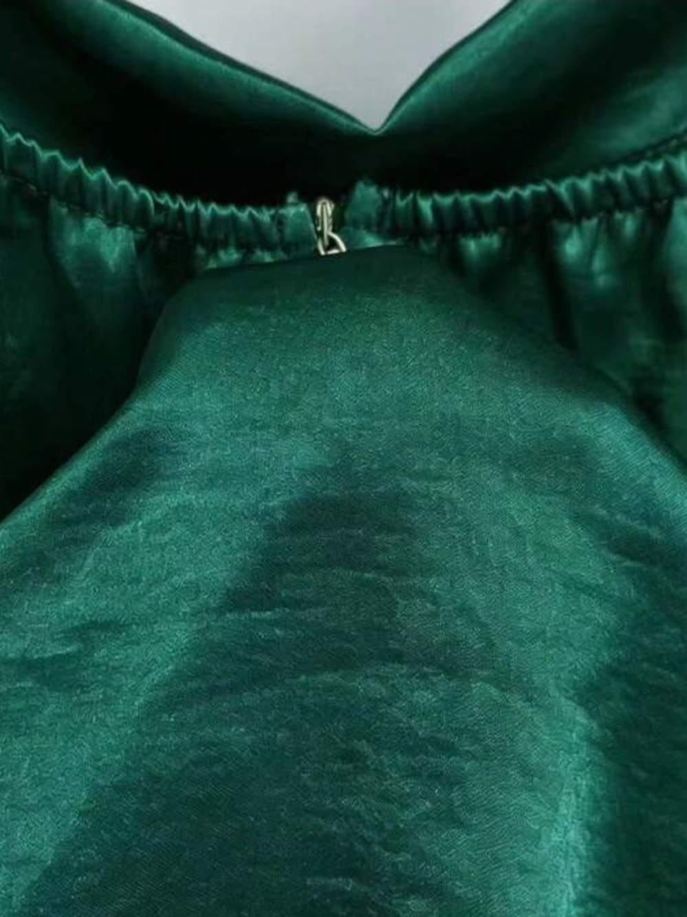 Pearl-Strap Emerald Satin Midi Dress with Sheer Bishop Sleeves - Picture 5 of 5